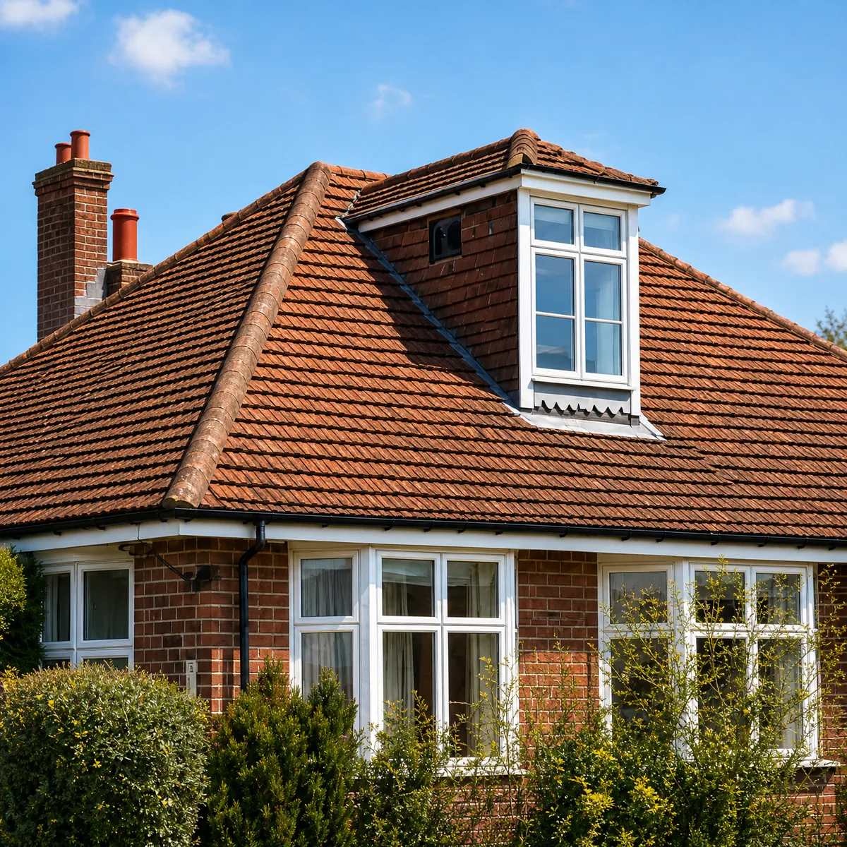A hipped clay tile chalet bungalow with a dormer and a brick chimney