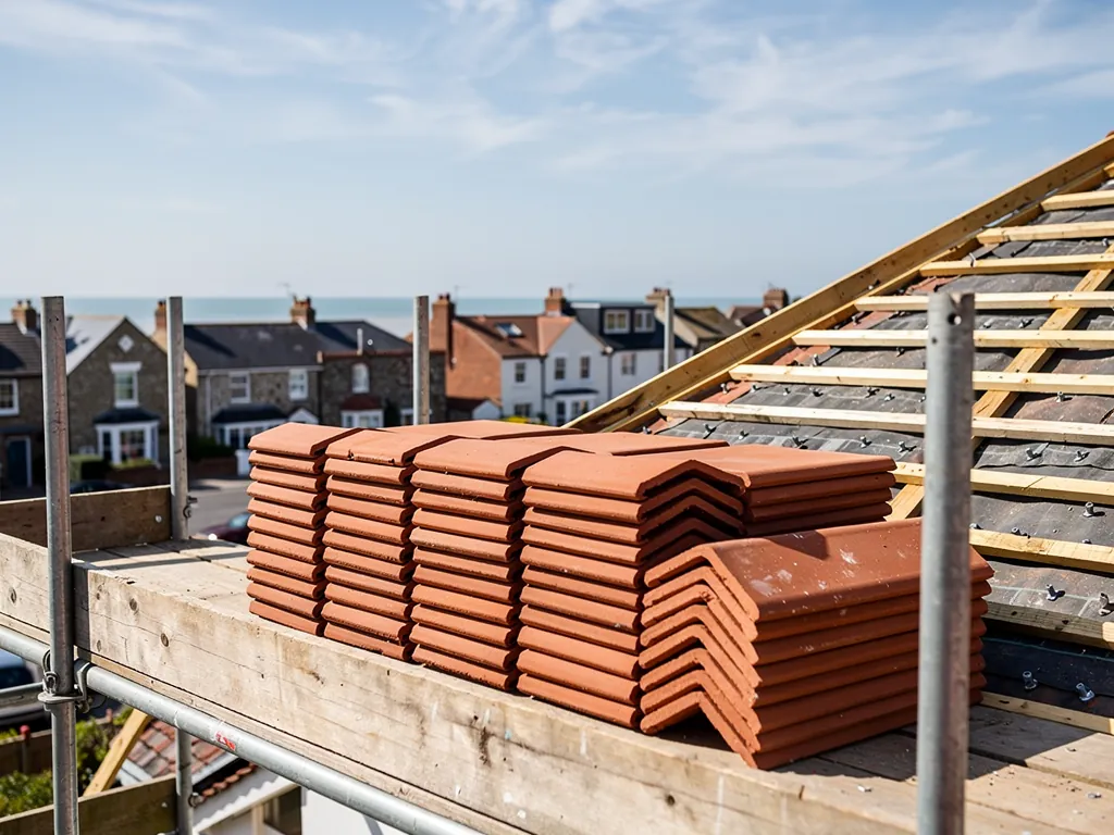Stacks of new clay plain tiles on scaffold boards beside a battened roof