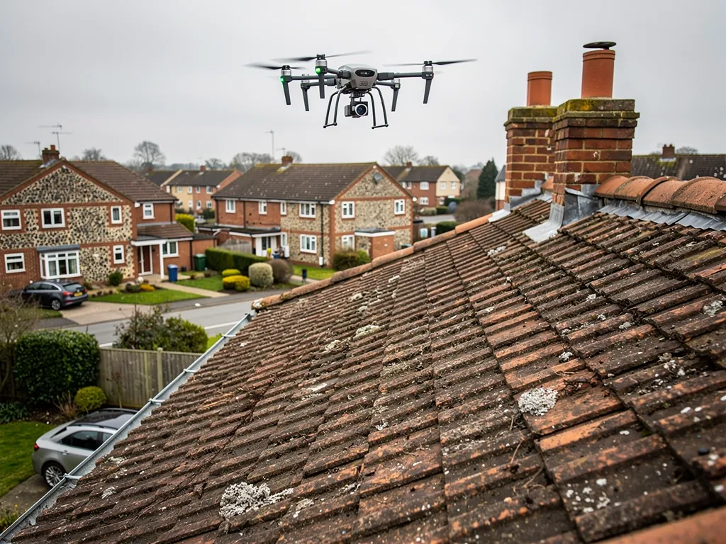 A drone surveying a clay tile roof