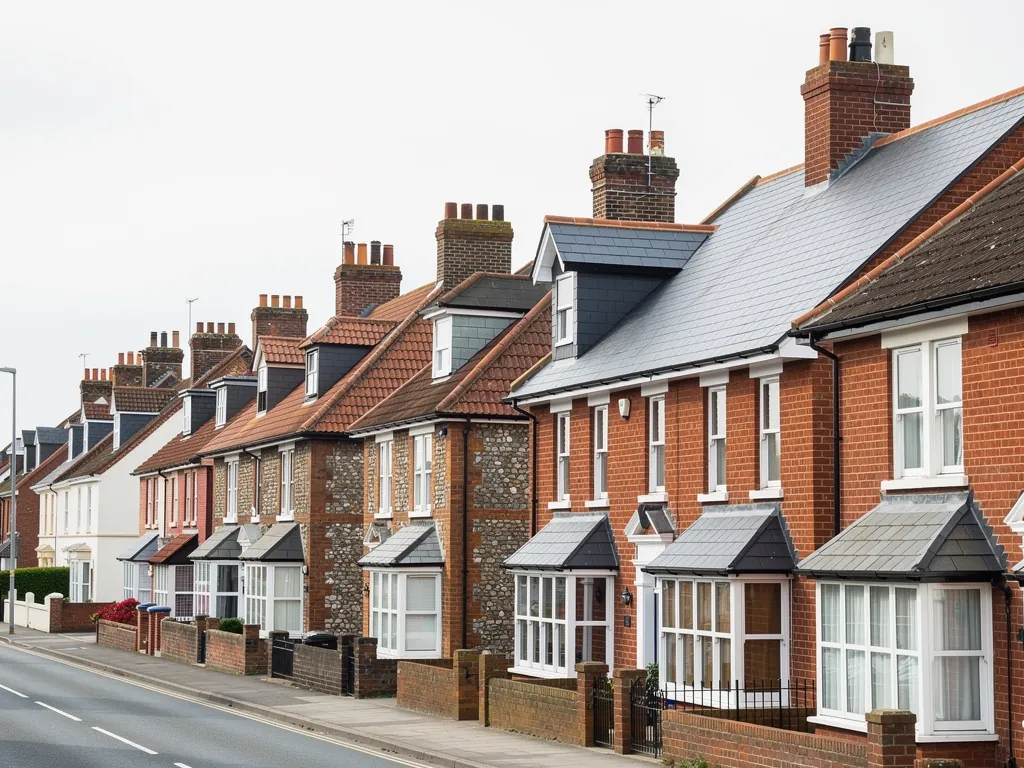 An Edwardian red brick terrace with slate roofs and slate-covered bay roofs