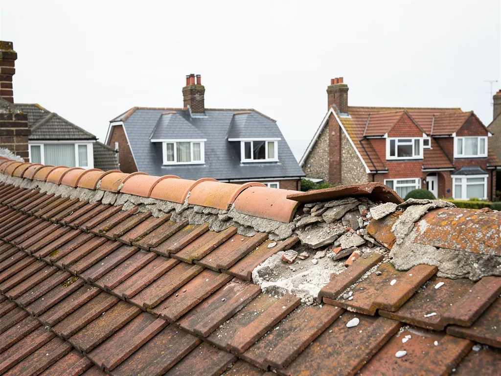 Cracked and missing mortar under the half-round clay ridge of a tiled roof