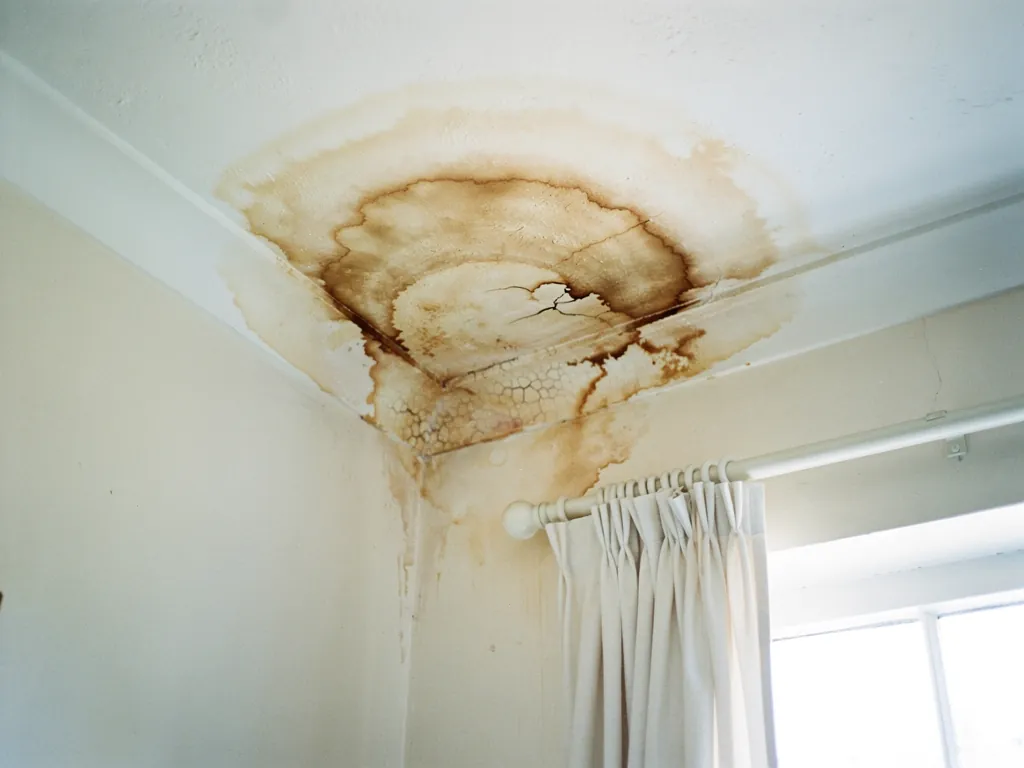 A brown water stain spreading across a bedroom ceiling