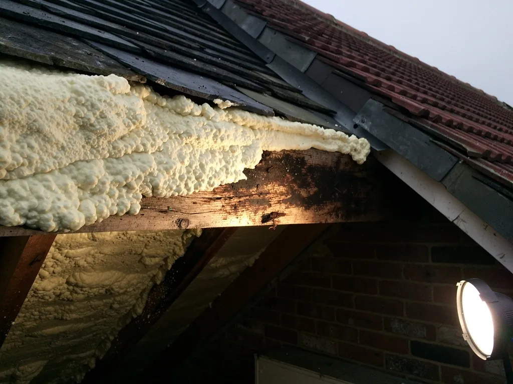 Spray foam coating the underside of a roof at the eaves