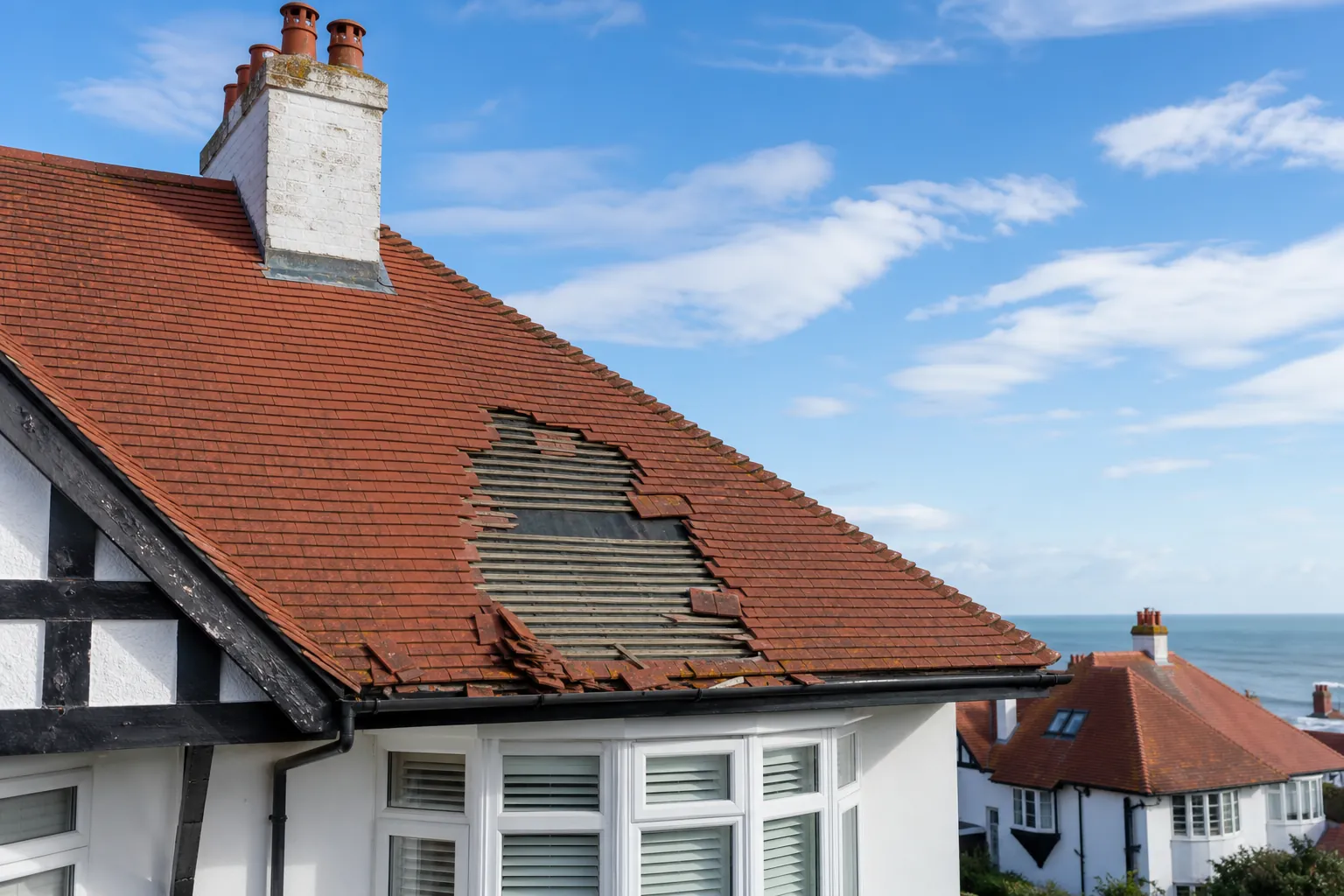 A clay tile roof with a patch of tiles blown off by a gale