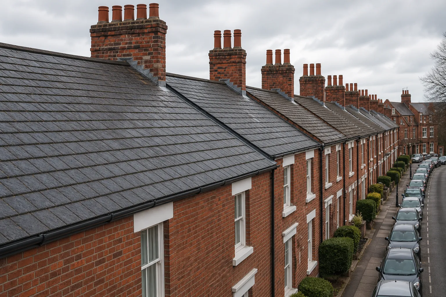 A terraced roof with chimney stacks